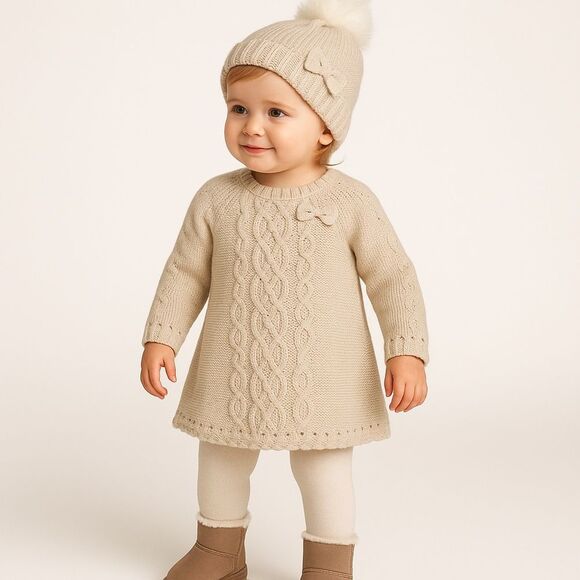 NWT Cupcakes & Cashmere Baby Girl 3pc Sweater Dress Set Oatmeal Bow Knit 24M - Picture 1 of 8